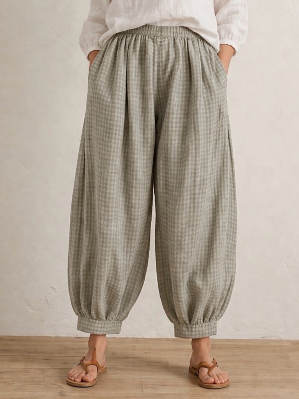Grizas Sage Textured Silk Elastic Waist Cuffed Pants Sustainable S EUC Boho